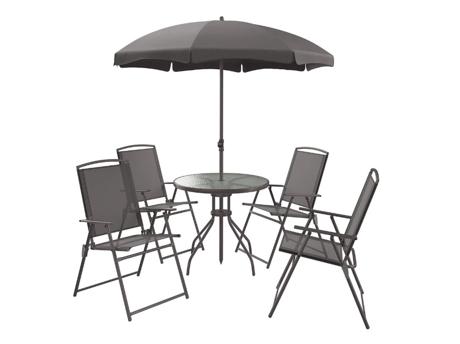Mesa con 4 sillas y sombrilla