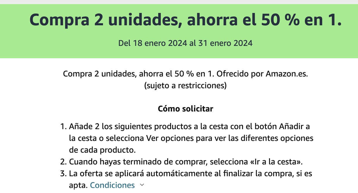 Compra 2 unidades, ahorra el 50 % en 1
