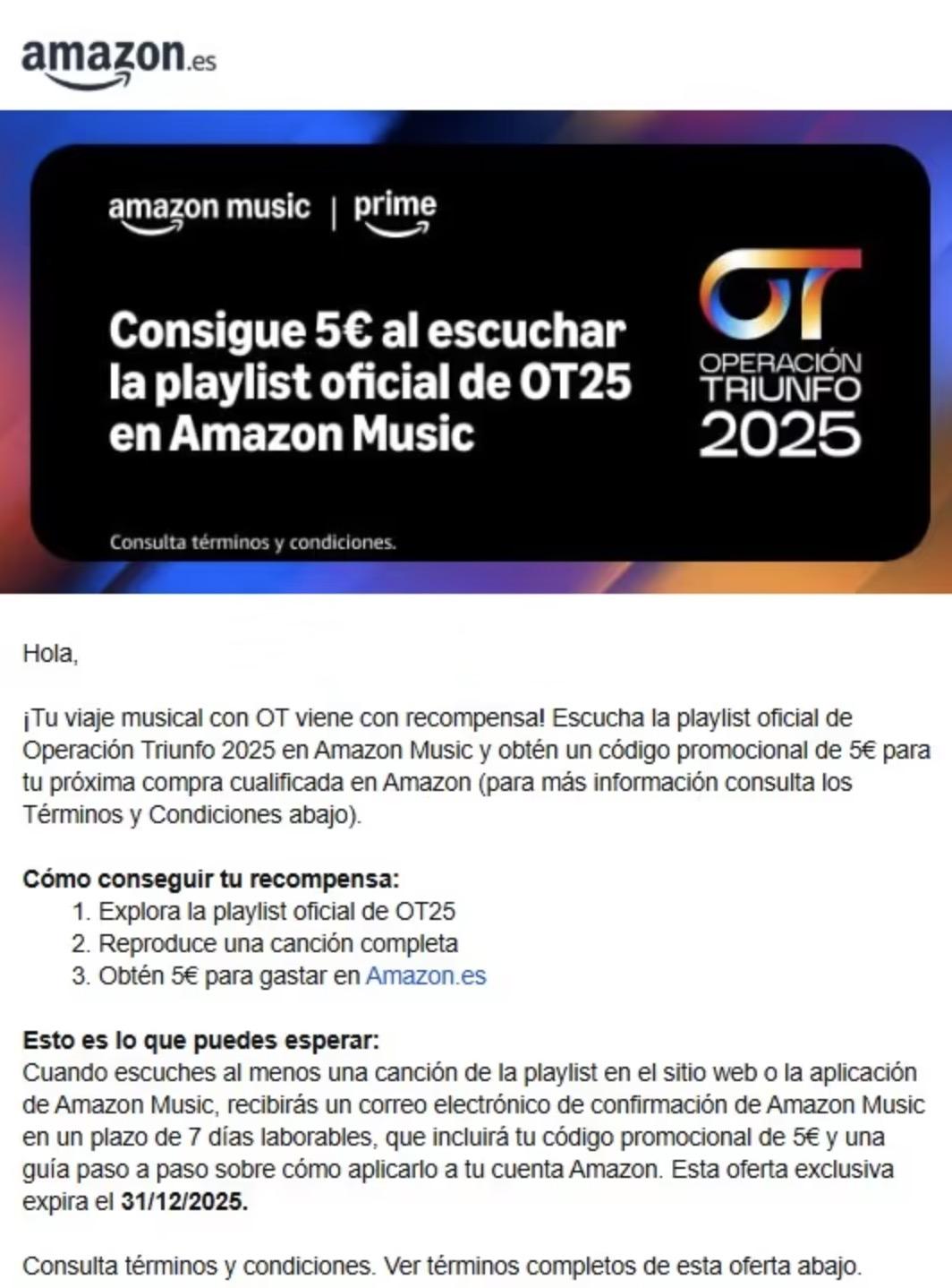 5€ GRATIS por escuchar la playlist ofical de OT en Amazon Music