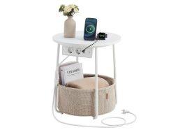 Descuento Amazon! Mesa auxiliar VASAGLE LILEA LET228W02 con enchufes y cesta a 23,9€