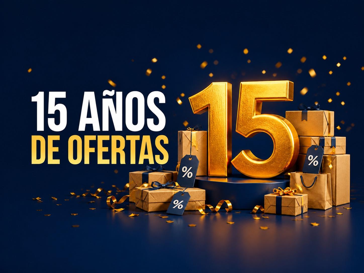 15 años de ofertas con paquetes y etiquetas de descuento